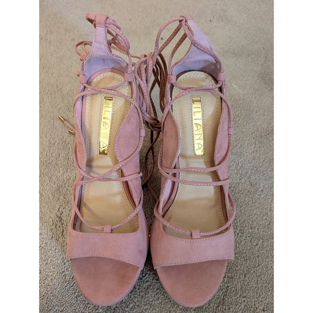 Liliana Pink‎ Faux Suede Lace Up Platform Block Heels Womens 9